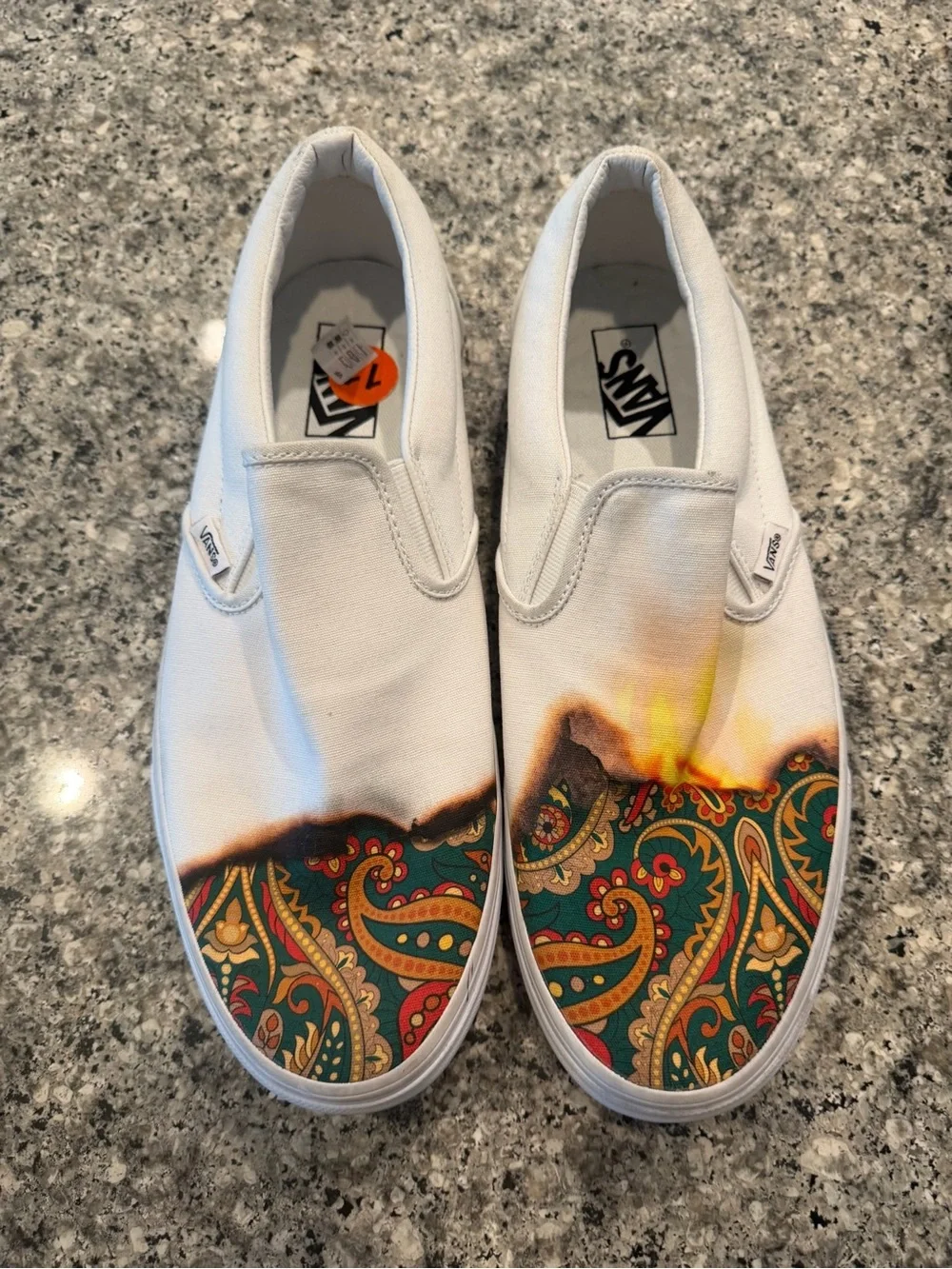 Vans White Slip-On Sneakers with Green, Red, Yellow Paisley and Burn-Effect